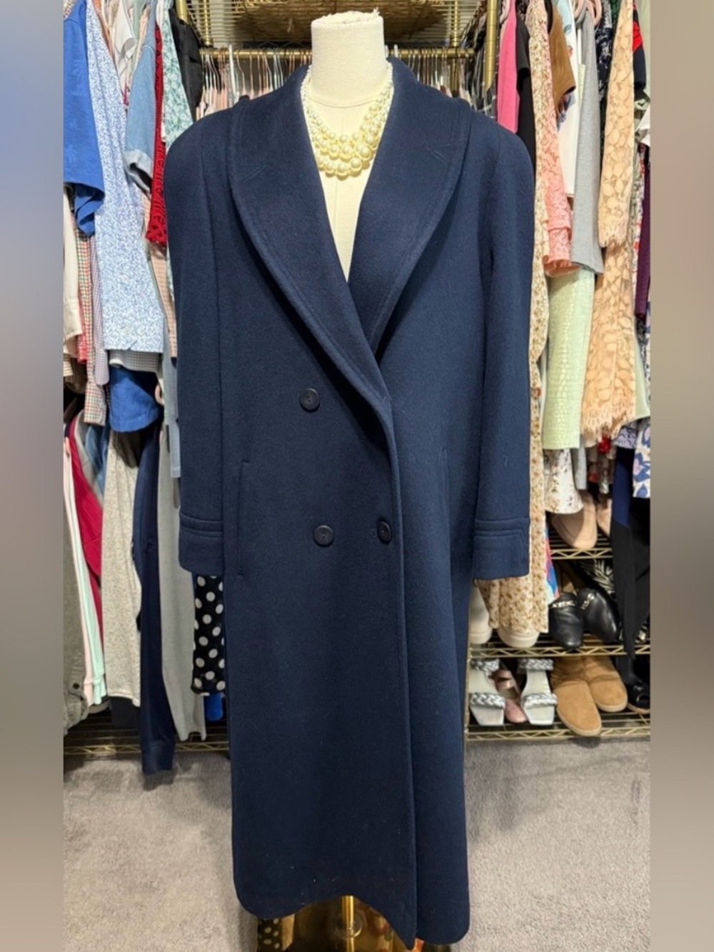Vintage Alorna Navy Blue Wool Blend Double Breasted Maxi Overcoat Long